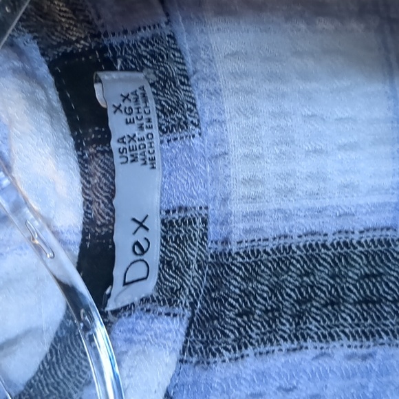 DEX* white black purple plaid crepe like long sleeve button front blouse tunic - Picture 7 of 13